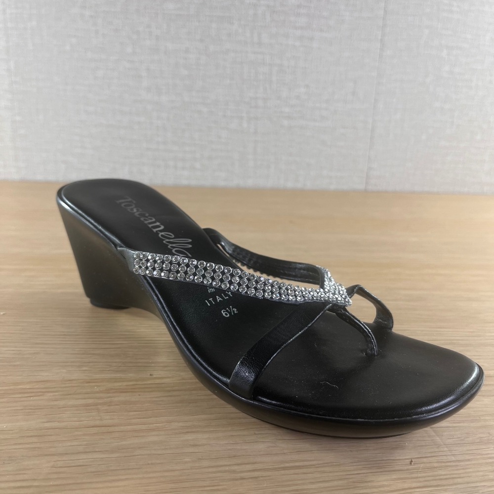 Toscanella Black Rhinestone Wedge Sandals Made in Italy Womens 6.5 Thong Slides